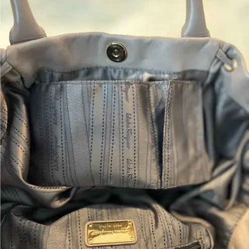 Salvatore Ferragamo Vara Ribbon Drawstring Hug Handbag Gray Taupe Leather