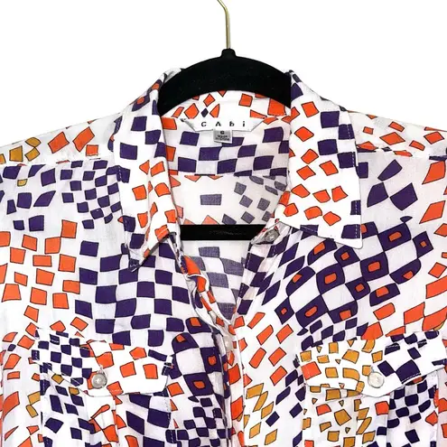 CAbi Grand Prix White Multicolor Geometric Print Button Down Shirt