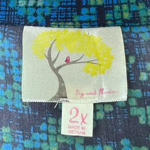 Fig and Flower Sheer Floral Top Blue 2X Blouse Long Sleeve Flowy Watercolors