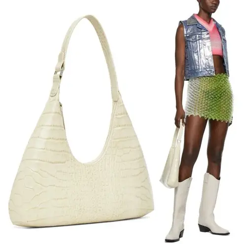 BY FAR Amber Cream Crocodile Embossed Leather Large Shoulder Bag NEW Ivory Purse