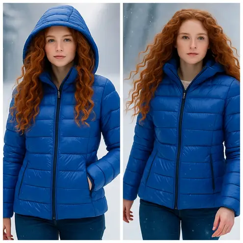 SOIA & KYO Women’s Down Puffer Jacket Blue Hooded Lightweight Size S/P F266