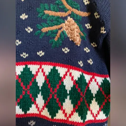 PBJ Sport Vintage Navy Ugly Christmas Ramie Blend Button Up Cardigan Sweater Blue Size L