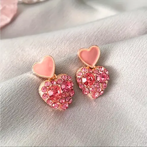 Pink Double Heart Crystal Earrings Enamel Top Heart Sparkling Drops NWT