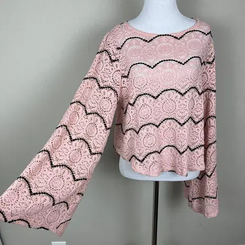 Maverick The Collection Sweater Top Womens Large Crochet Lace Bell Sleeve Boho L Pink