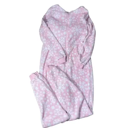 Holiday Time One-Piece Pajama Furry Hood Pink White Front Zipper Size M Medium