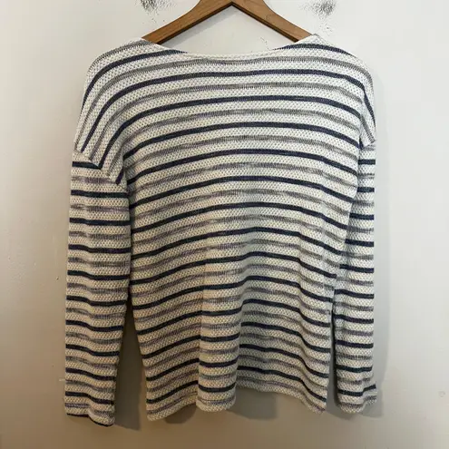 Faherty - Striped Blue White Cotton Blend Long Sleeve Scoop Neck Knit Top