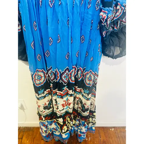 Farm Rio Blue Black Bell Sleeve Ainika Tiles Flowy V-Neck Maxi Gown Size XS