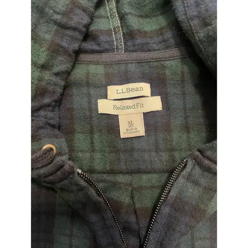 LL Bean Flannel Zip Up Hooded Shacket Relaxed Fit Scotch Plaid Blue Green XL