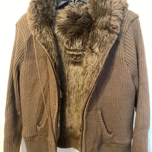 JJ basics Jj basic Cozy Brown Faux Fur Hooded reversible sweater