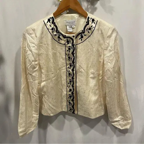 Stunning creamy silk blazer black scalloped embroidery sequin trim Papell Size 8P