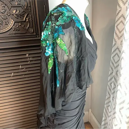 Casadei 1980s Black Ruched Turquoise Sequined Gatsby Deco Flapper Dress Cape 12