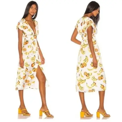 Song of Style Sia Midi Dress in White Fruit Small New Womens Satin Cocktail Yellow