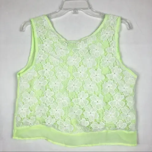 Y2K Vintage JULYS Womens Top Medium Lime Chiffon Floral Lace Cropped Beachy Green