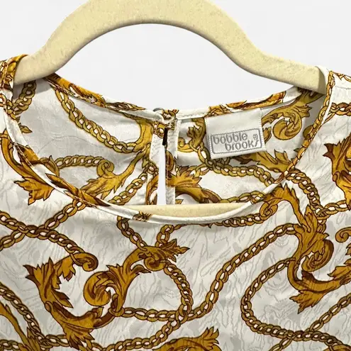 Vintage Satin Equestrian Chain Print Blouse Heritage Preppy Baroque Top Large Gold