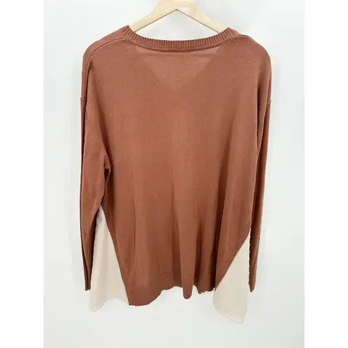 LOGO By Lori Goldstein LOGO Sweater Women XL Brown V-Neck Long Sleeve Knit Swiss Dot Cotton Cashmere