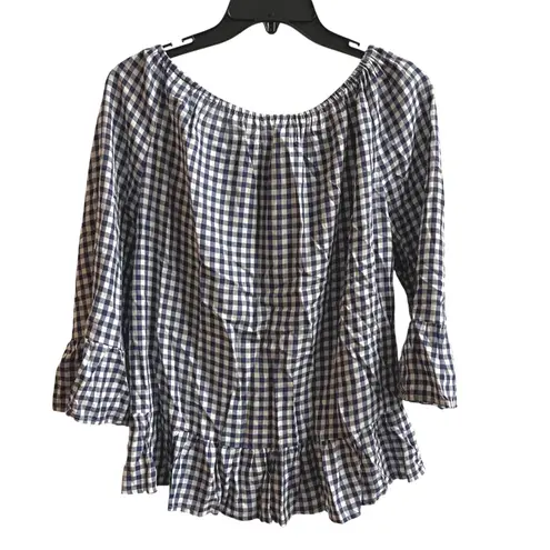 Velvet by Graham Spencer Navy White Gingham Off Shoulder Bell Sleeve Ruffle Top Blue