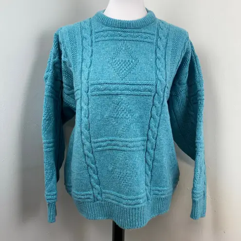 Vintage 80s Teal Irish Aran Sweater 100% Wool Large Blue