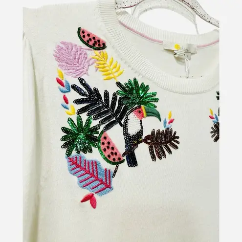 NWT Rare Boden Unique Embroidered Sequin Toucan Tropical Knit Sweater Large $168 White