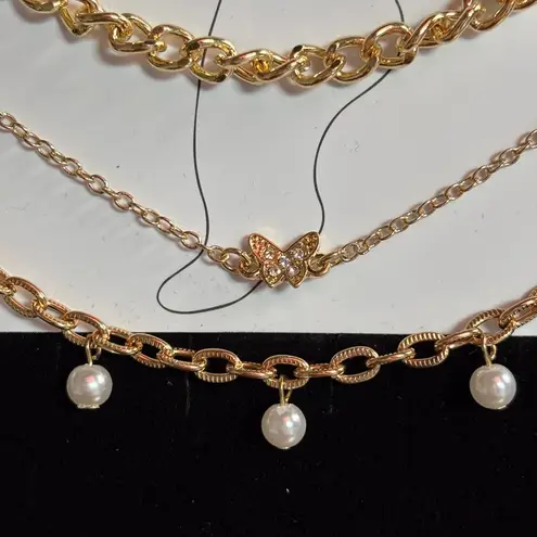 Rhinestone Butterfly & Faux Pearl Chain Ankley Set Gold
