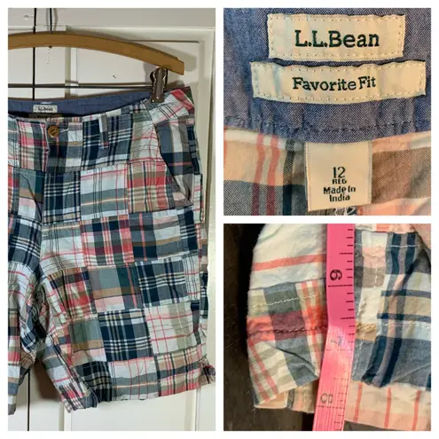 LLBean Favorite Fit Patchwork Plaid Bermuda Shorts Women Size 12 Reg Preppy Blue