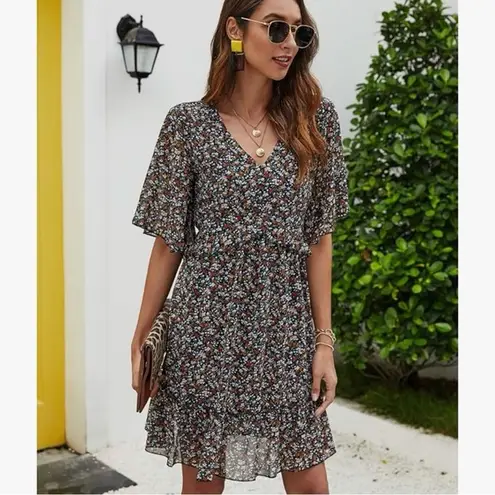 Manydress Womens Chiffon Floral Print‎ Vneck Casual Mini Boho Swing Dress Large