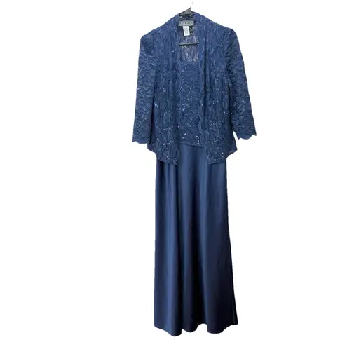 Alex Evenings Navy Blue Lace Glitter Two Piece Jacket Sleeveless Satin Dress 6