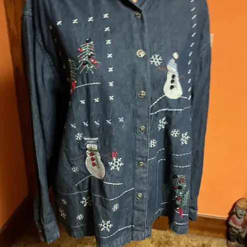 Vtg Y2K embroidered snowman denim shirt Blue Size XL