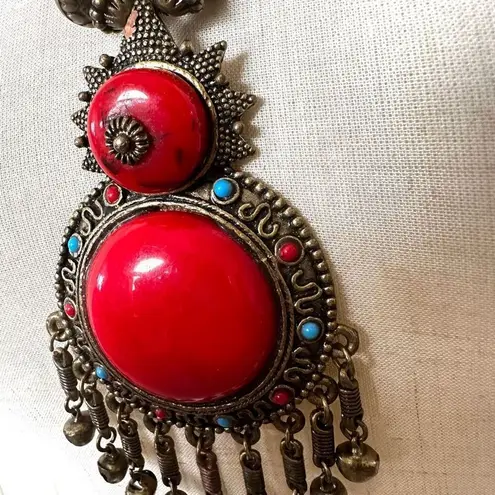 Wood Brass Faux Turquoise Tibetan Bali Style Jingle Necklace Red