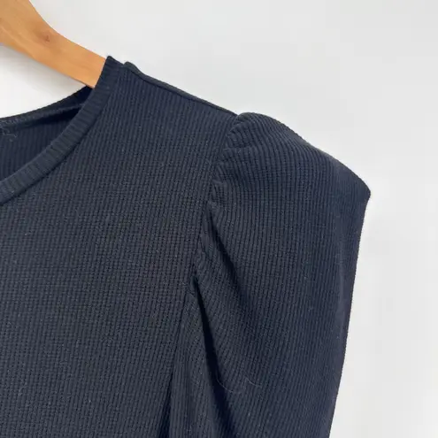 Dear John Tessa Black Long Sleeve Ribbed Top Puff Shoulder Blouse Medium Chic