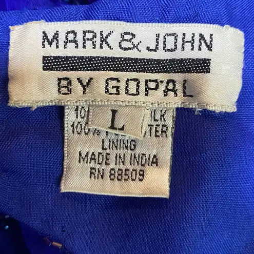 Vintage Beaded Silk Mini Dress Keyhole Back V Neck Shoulder Pads Blue Womens L Size L