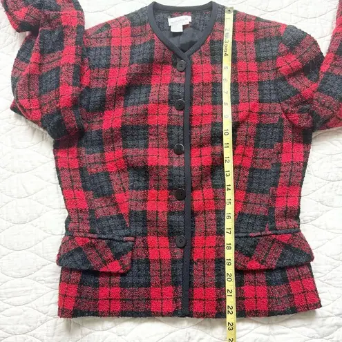 Vintage 90s Plaid Red Black Preppy Wool Blazer Jacket Career Office Collegiate 8