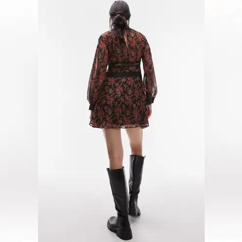 Topshop  Floral Long Sleeve Chiffon Minidress RED BLACK Size 4