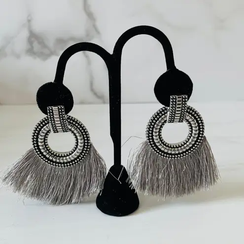 Boho Festival Gray Tassel Fringe Earrings