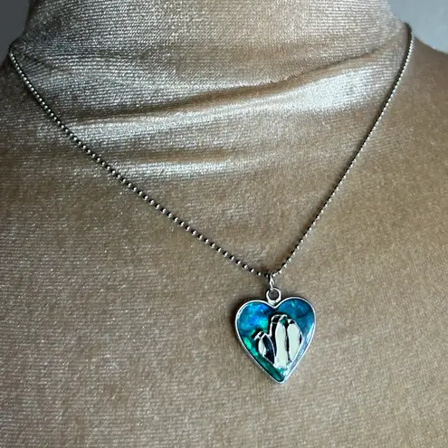 Abalone penguin heart silver tone necklace