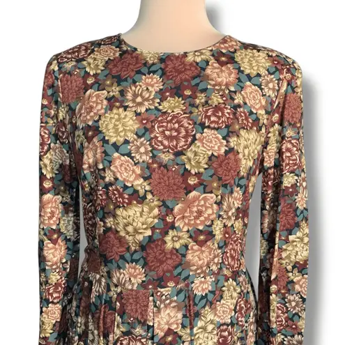 Vintage 90s Brown Dark Floral Long Sleeve Rayon Maxi Dress 10 Autumn Romantic