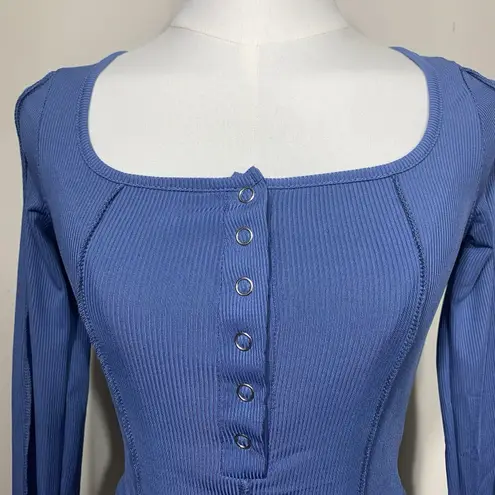 Blue Ribbed Square Neck Long Sleeve Button Front Top Size S Korean Aesthetic