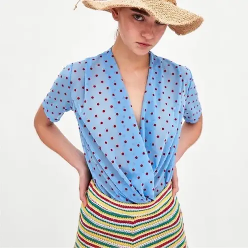 ZARA  TRAFALUC baby blue red polka dot semi sheer mesh retro top S B18