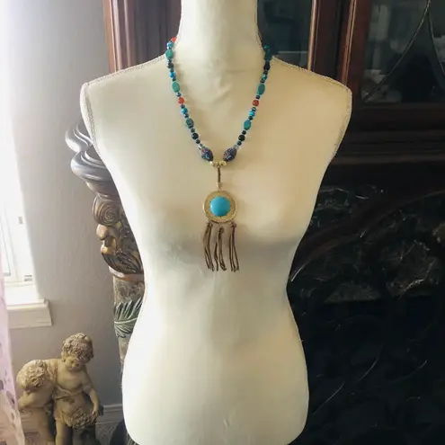 Handcrafted southwest style natural stone leather fringe medallion necklace