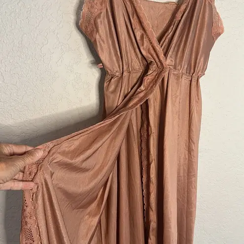 Vintage Avon Slip Dress Maxi Nightie Mauve Lace Sexy Coquette Nylon Open Slit Pink Size L