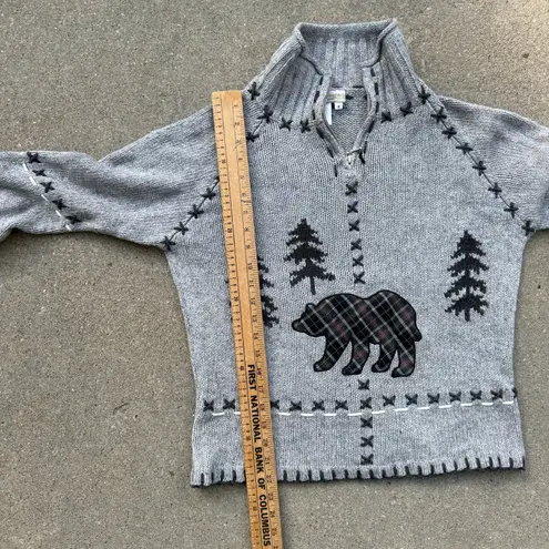 VTG 90s Coldwater Creek Cabincore Bear Pine Tree 1/4 Zip Sweater Gray Plaid S