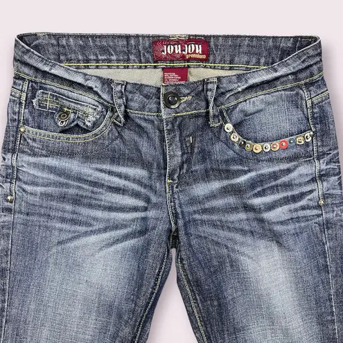 JOU JOU Vintage Y2K 2000’s Embellished Faded Mid Rise Flare Wide Leg Jeans Blue Size 28