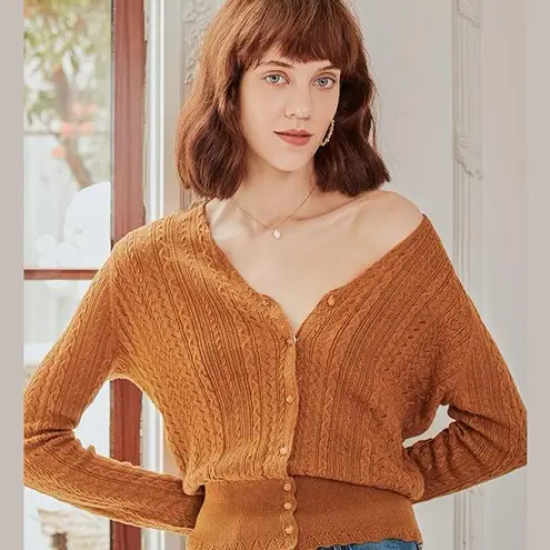 Simple Retro Scallop Trim Cable Knit Cardigan Sweater Tan Size M