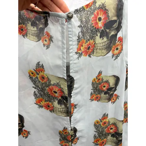 Mono B Women's Skull Floral Print High Low Top Blouse Shirt Sheer Open Back S Tan