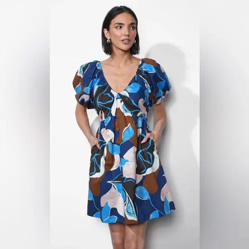 Greylin Fannie Plunge Neck Gathered Cotton Mini Dress Navy Multi NWT