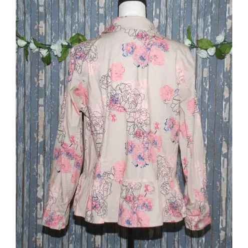Lemon Way Size L Peplum Jacket Stretch Floral Lightweight Long Sleeve Pockets Tan Size L