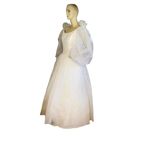 ALFRED BOSAND VINTAGE 1980'S WHITE & GOLD GLITTER DOTS BALL GOWN (M) Size M