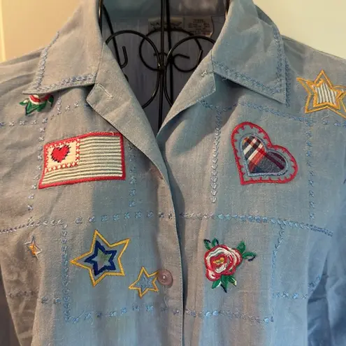 Napa Valley button down, collard embroidered chambray blouse Blue Size M