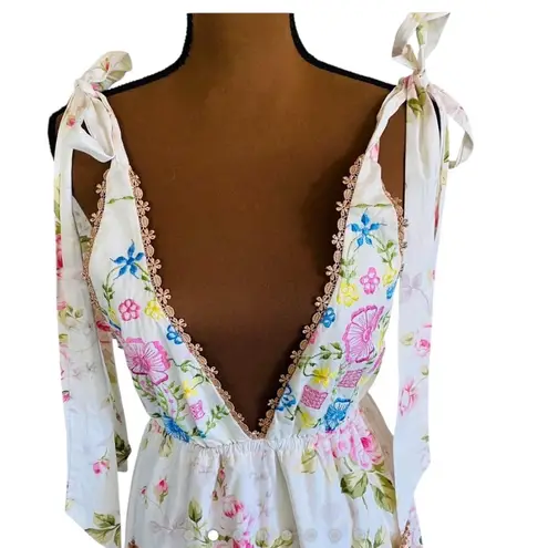 2seeyou White Floral Embroidered Deep V Neck Elastic Waist Maxi Dress Size Small