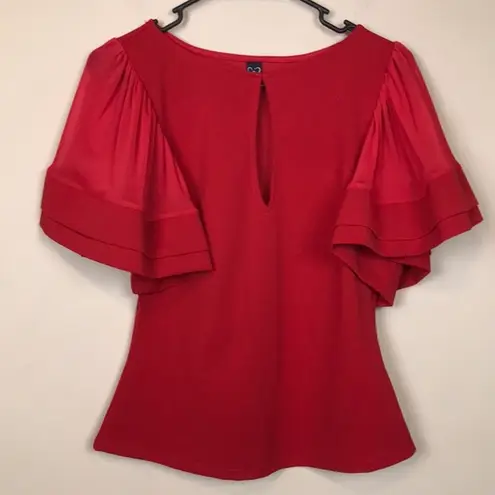 Windsor  Women’s Wide Mesh Flutter Sleeve Keyhole Front Red Blouse