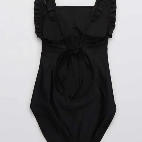 Aerie American Eagle  Black Ruffle Scoop One Piece Swimsuit